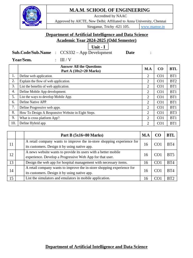 CCS332 App Development Question Paper | PDF | Mobile App | Web Application
