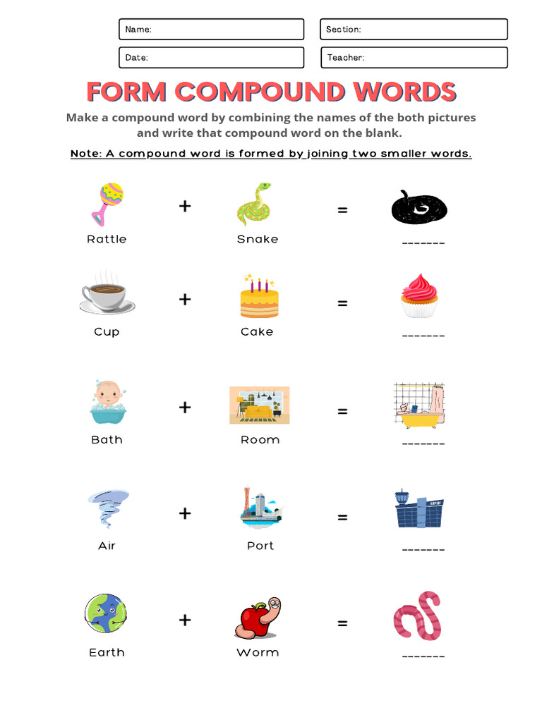 Form Compound Words Printable Worksheets For Grade 1 | PDF