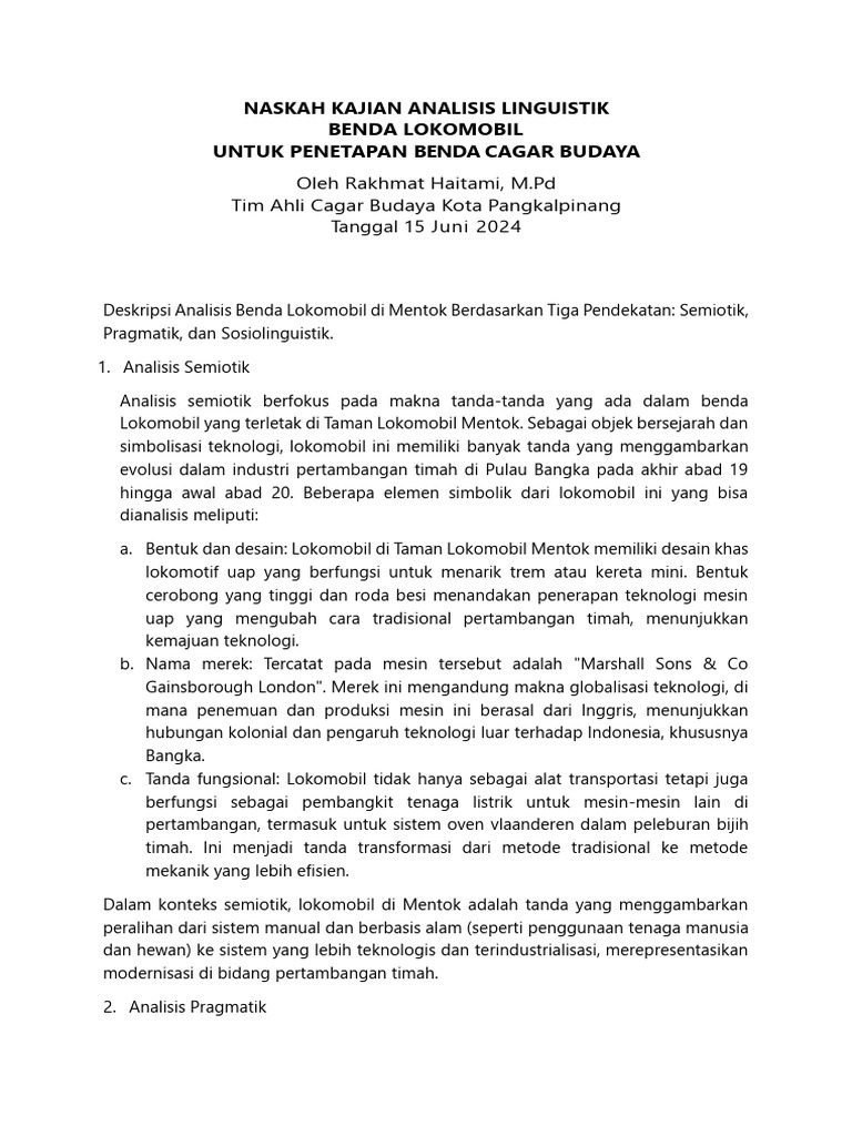 Analisis Lokomobil sebagai Cagar Budaya | PDF