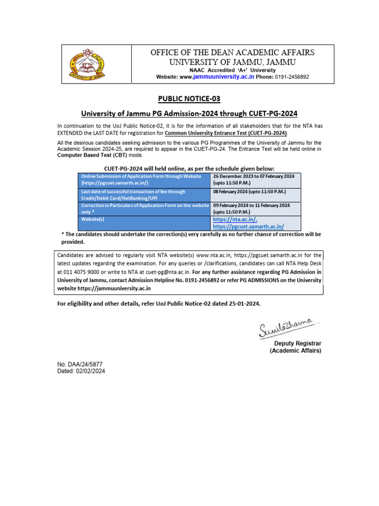 JU Public Notice-03 PG Admission (CUET-PG-2024) - 0 | PDF | Banking ...