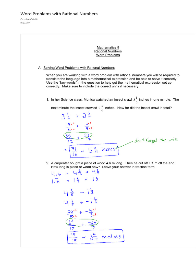 Word problems with rational numbers pdf