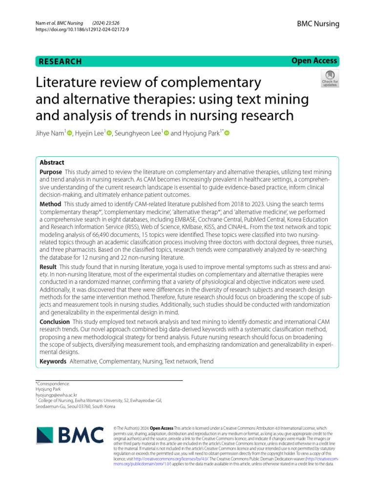 Literature Review of Complementary and Alternative Therapies: Using ...