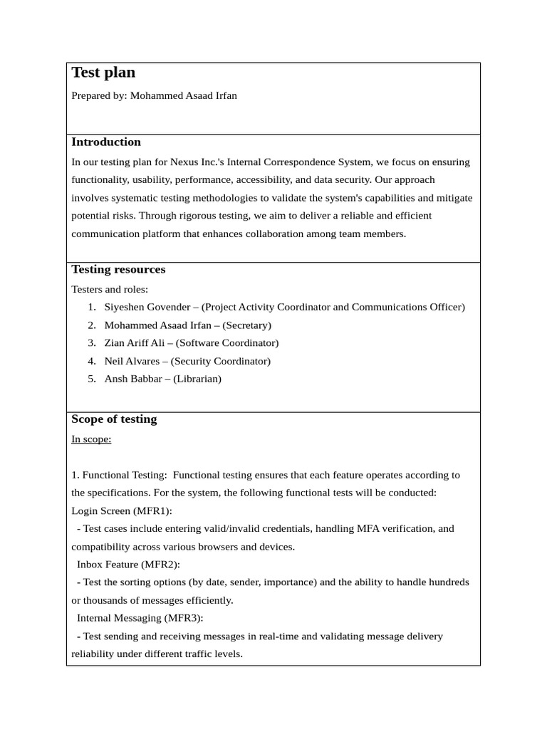 Nexus Inc. Internal System Testing Plan | PDF | Software Testing | Security
