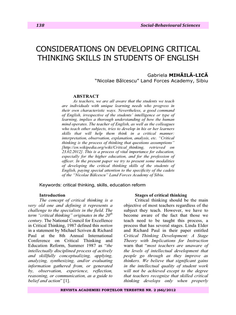 Considerations On Developing Critical Thinking Skills in Students of ...