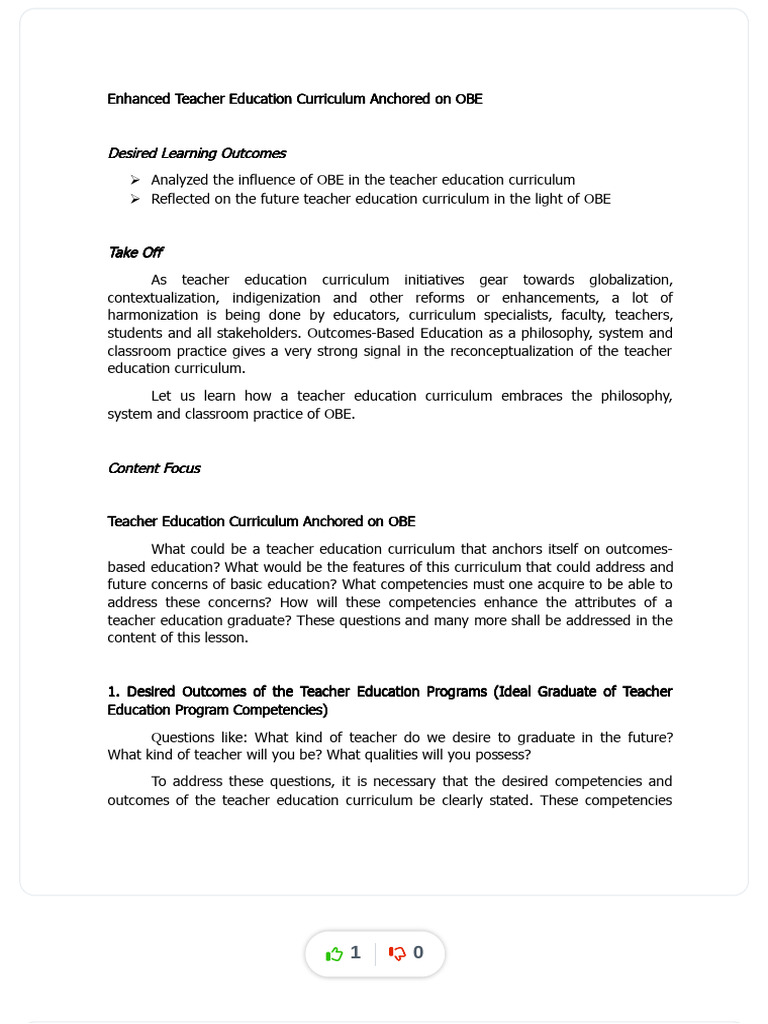 Enhanced Teacher Education Curriculum Anchored On Obe - Compress | PDF ...
