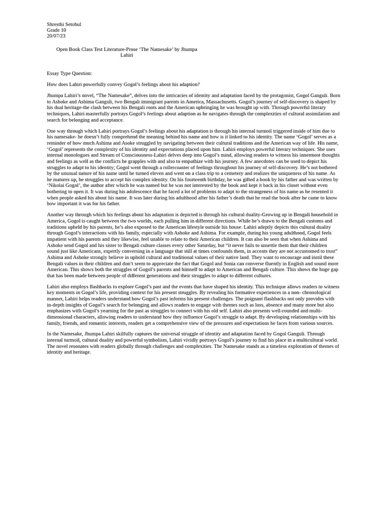 Gogol's Identity Struggles in The Namesake | PDF