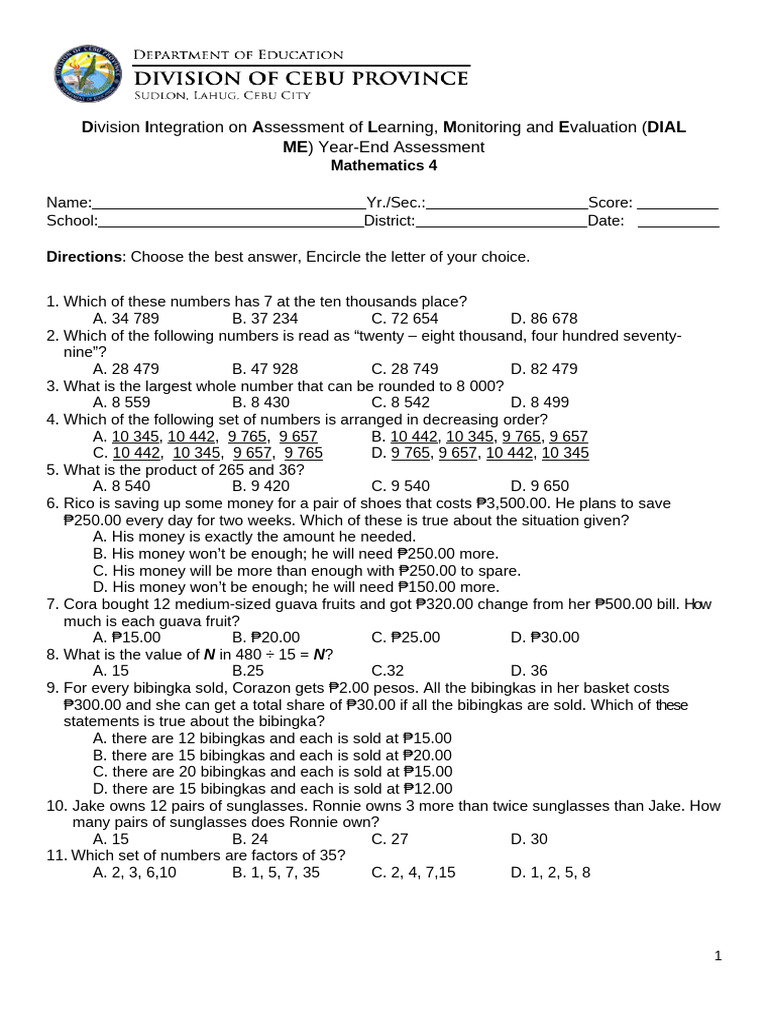 Year-End Math Assessment for Grade 4 | PDF | Rectangle | Elementary ...