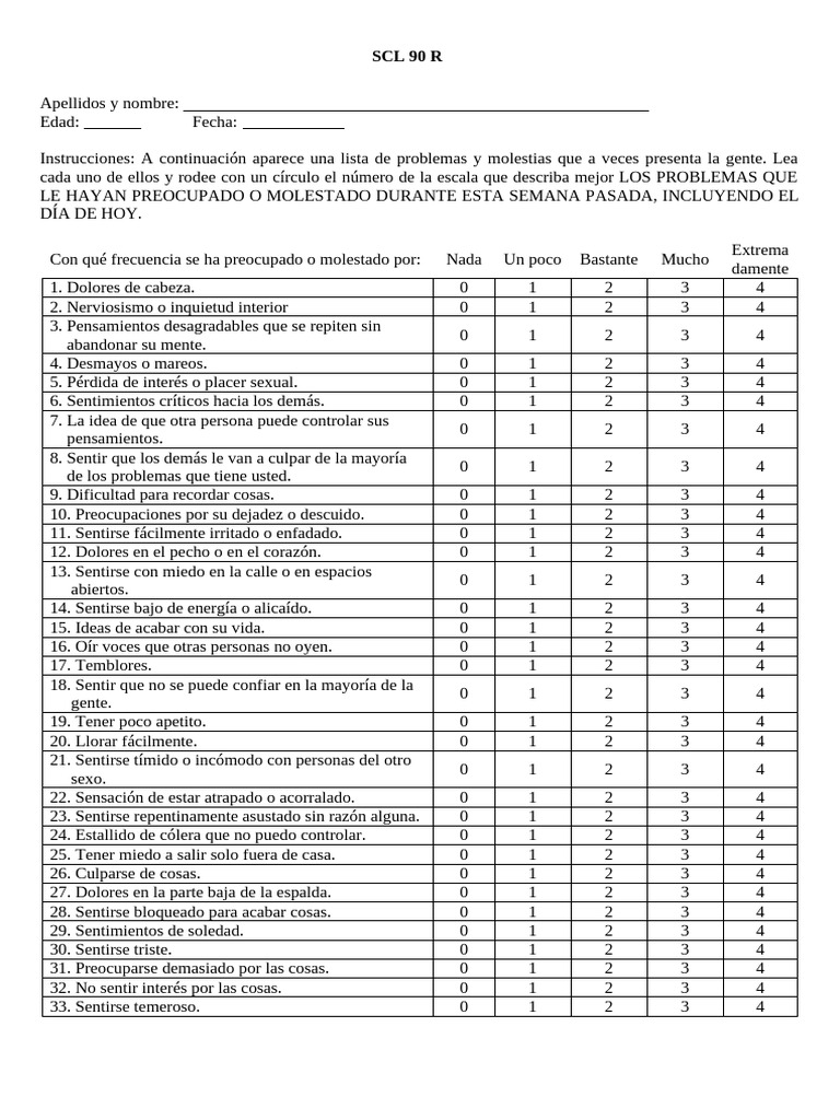 Evaluación de Malestar Psicológico SCL-90-R | PDF