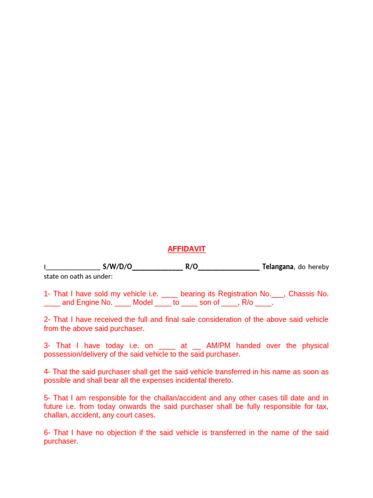 Vehicle Sale Affidavit Template | PDF
