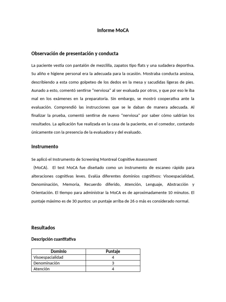 Evaluación Cognitiva MoCA: Resultados y Análisis | PDF | Memoria