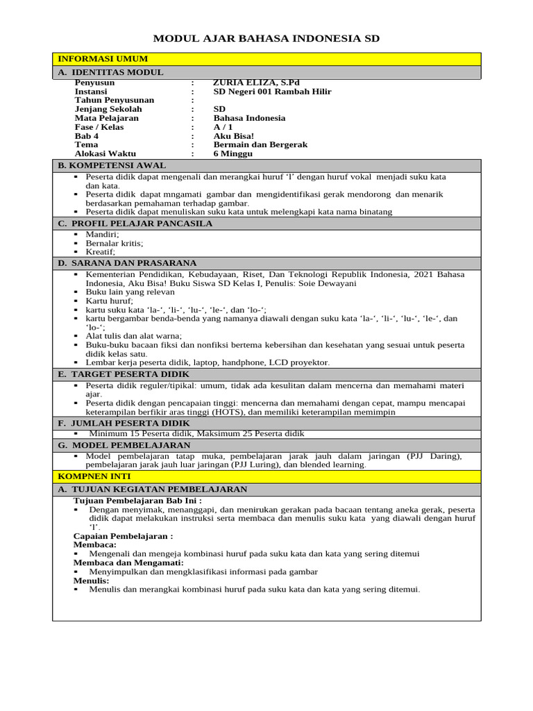 Modul Ajar Bahasa Indonesia SD Kelas 1 | PDF