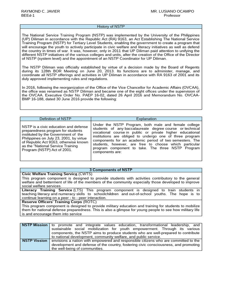 Overview of NSTP Program at UP Diliman | PDF