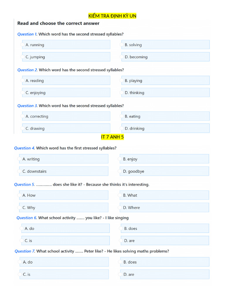 Kiб M Tra дђб љnh Kб і Unit 7 Anh 5 Pdf