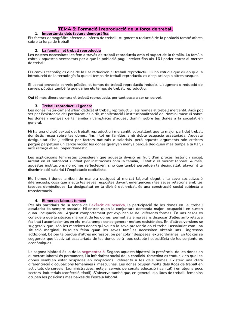 TEMA 5 - Formació I Reproducció de La Força de Treball | PDF