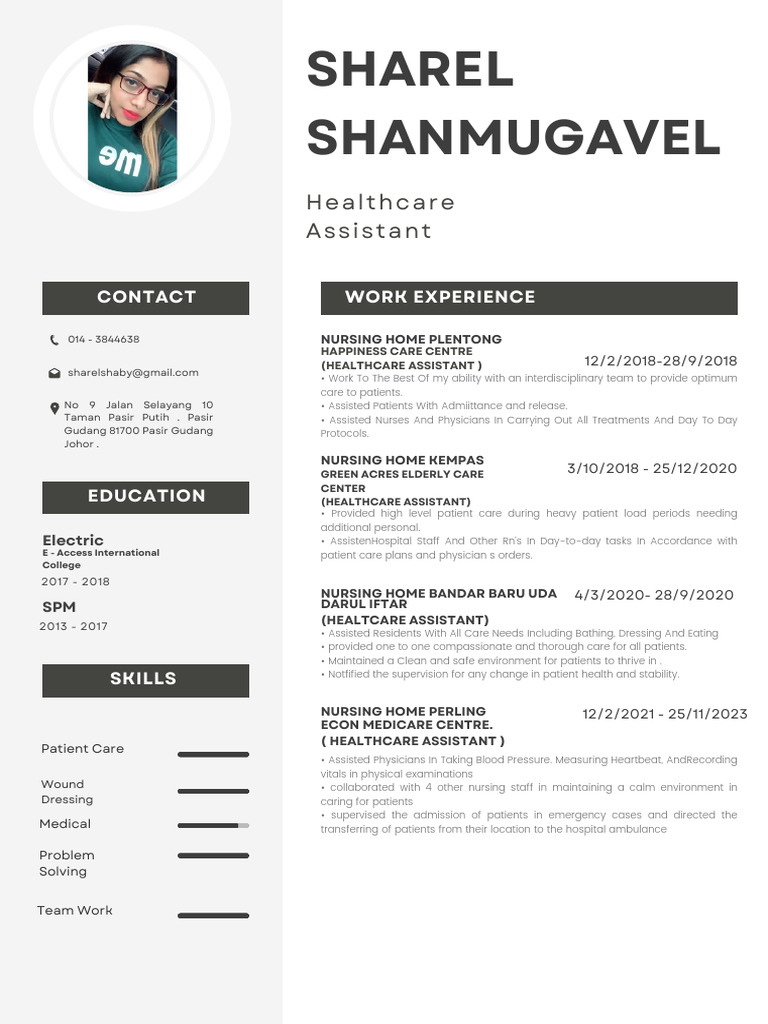 Sharel Shanmugavel: Healthcare Assistant | PDF | Nursing | Health Care