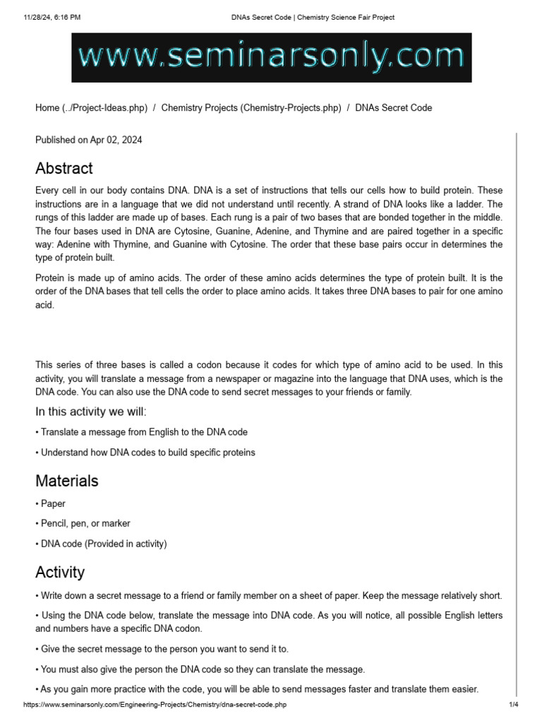 DNAs Secret Code - Chemistry Science Fair Project | PDF | Dna ...