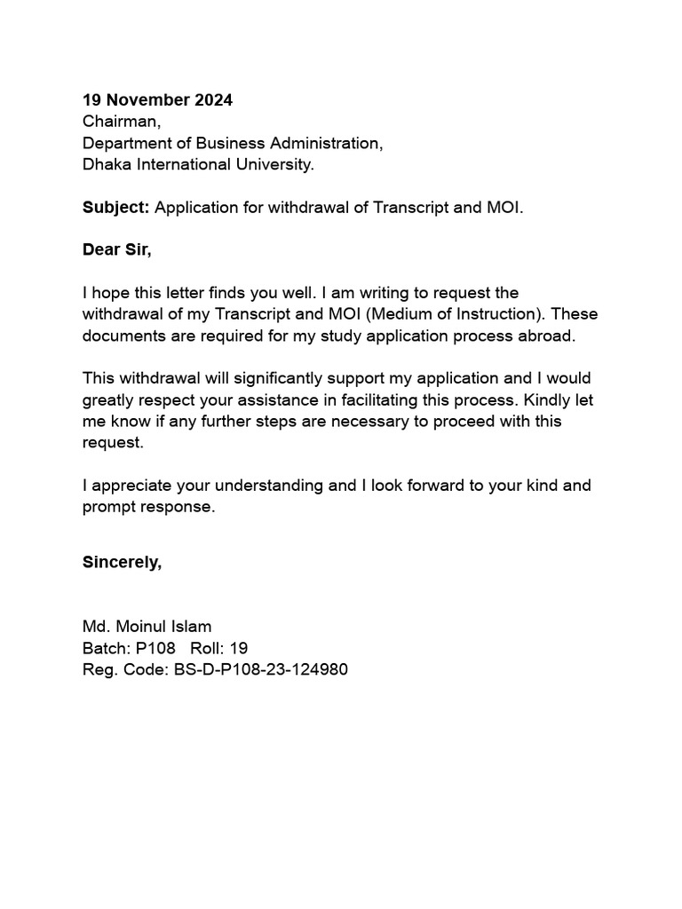 Transcript and MOI Withdrawal Request | PDF