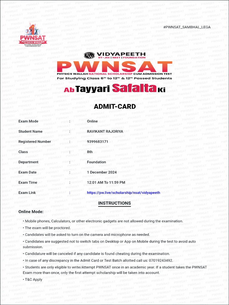 Admit Card Pdf