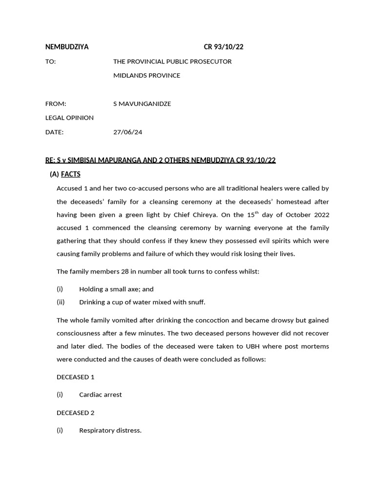 Legal Opinion on S v Simbisai Mapuranga | PDF | Causation (Law ...