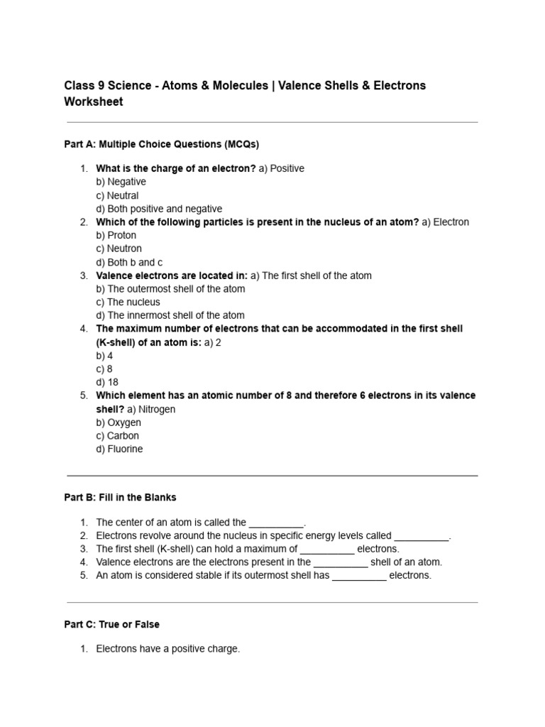 Class 9 Science: Atoms & Molecules Worksheet | PDF | Atoms | Atomic Nucleus