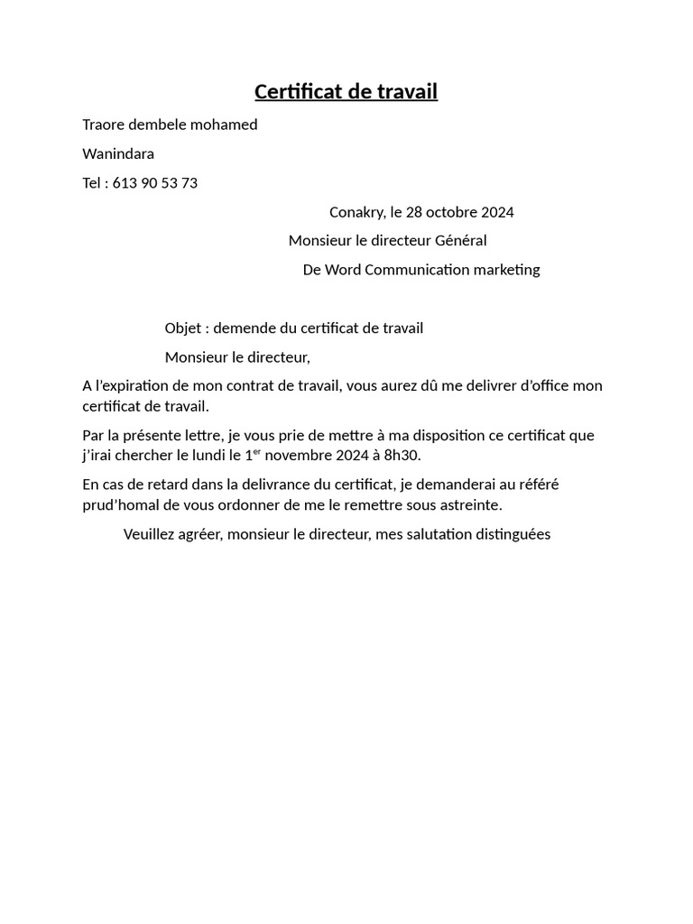 Demande de certificat de travail | PDF