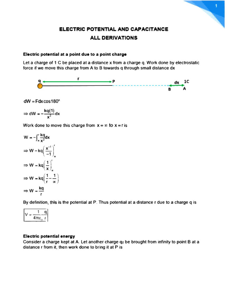 Derivations of Electric Potential & Capacitance | PDF | Potential ...