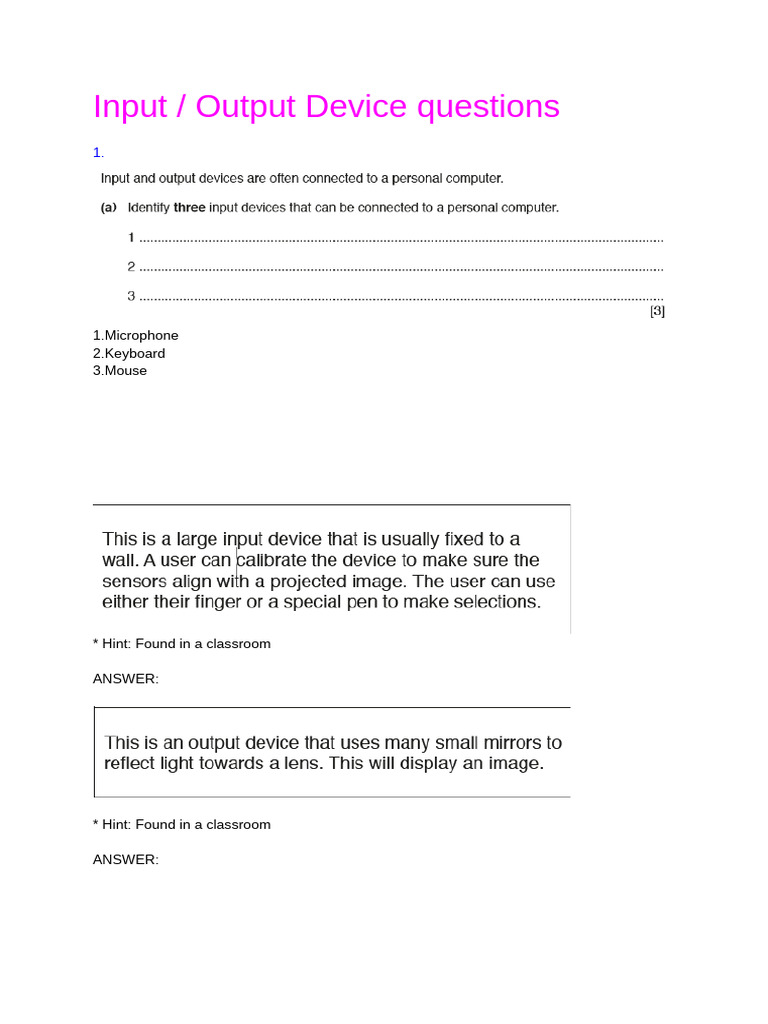 DƯƠNG LÝ NGUYỄN BẠCH - Hardware - Input - Output Device questions | PDF ...