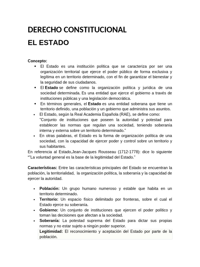 Derecho Constitucional El Estado | PDF | Estado (política) | Gobierno