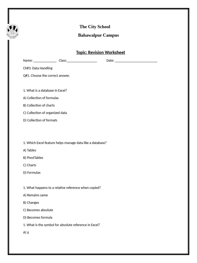 Excel Data Handling Revision Worksheet | PDF | Microsoft Excel | Chart