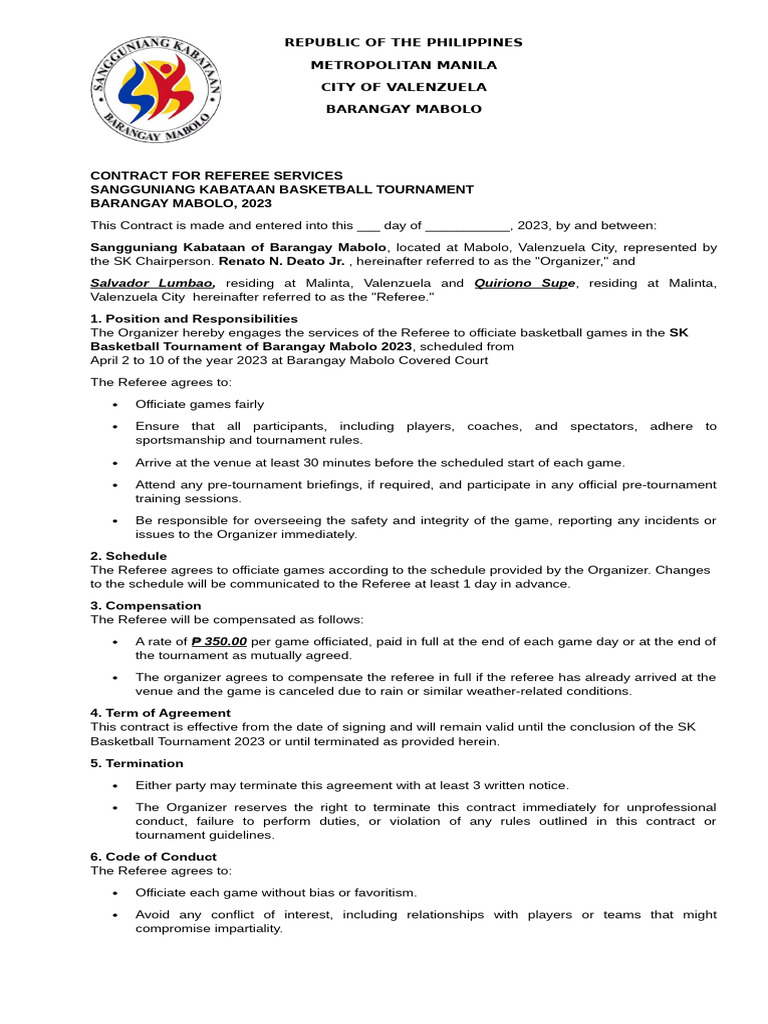 Valenzuela Basketball Referee Contract | PDF | Referee | Civil Law ...