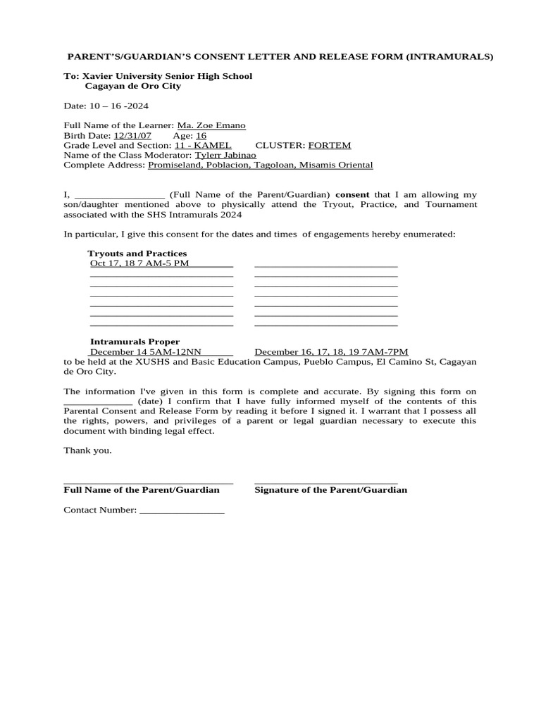 2024 1011 PARENT CONSENT AND RELEASE FORM For INTRAMURALS | PDF