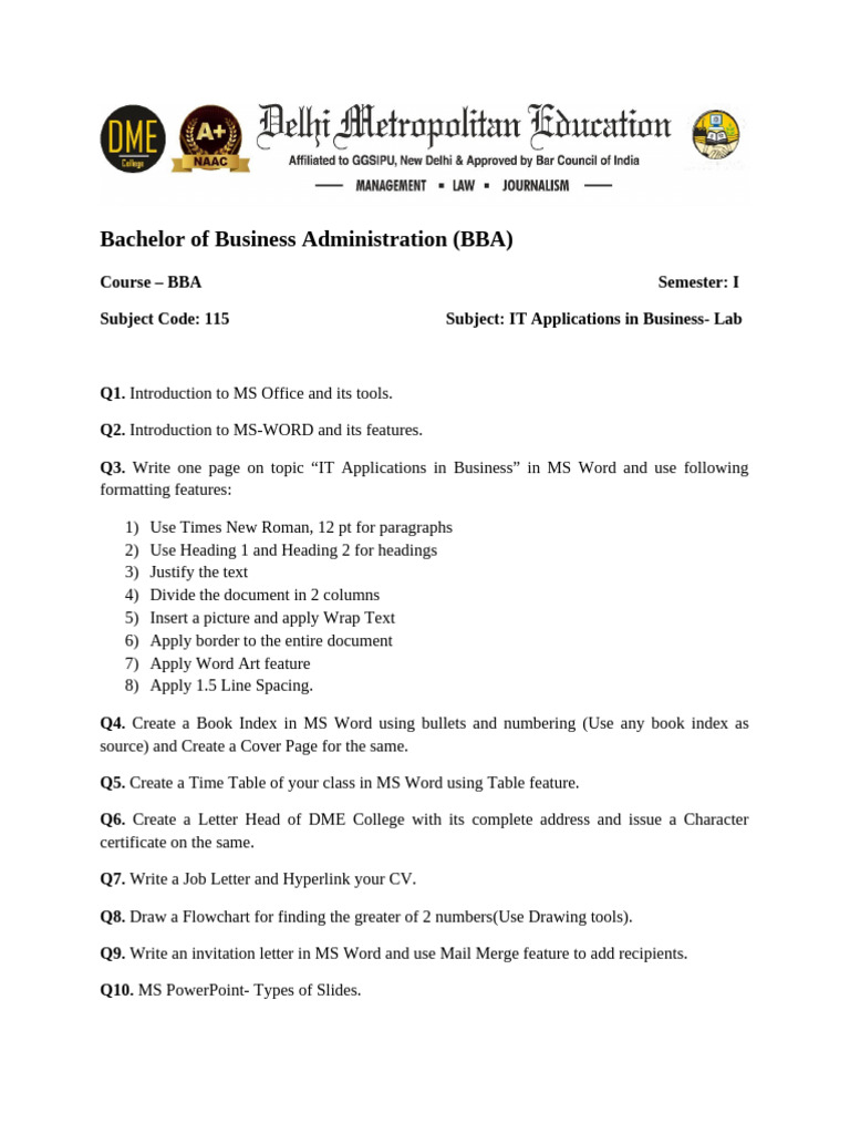 BBA IT Applications Lab Guide | PDF