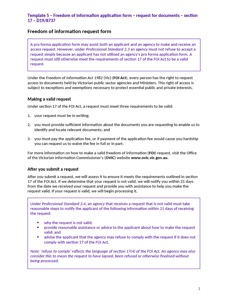 FOI Application Form Template Victoria | PDF | Freedom Of Information ...