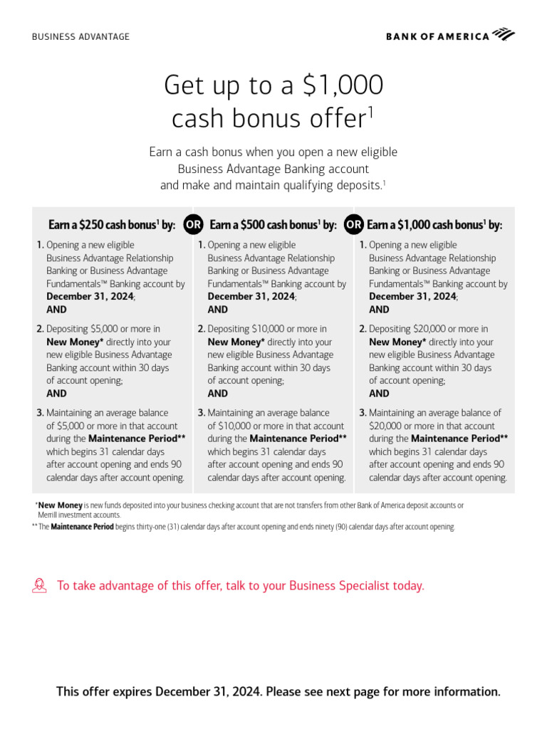 Get Up To A $1,000 Cash Bonus Offer | PDF | Banks | Bank Of America