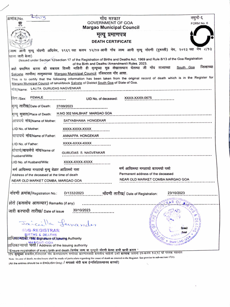 Goa Birth and Death Certificates Guide | PDF | Living Arrangements ...