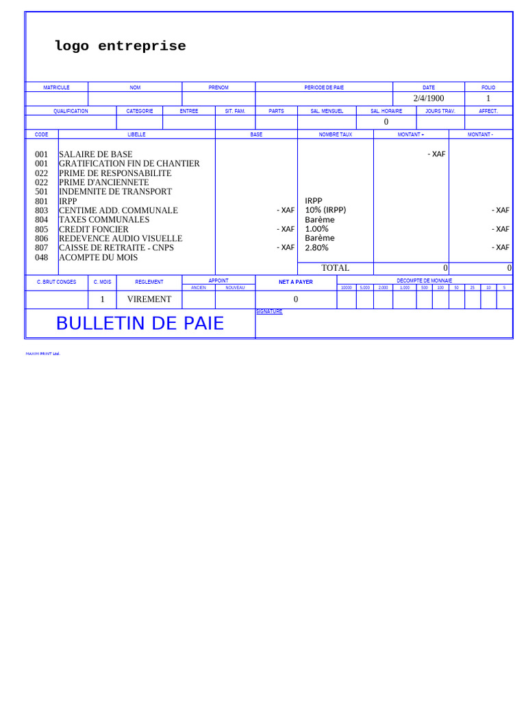 Modèle de bulletin de paie RDC | PDF | Impôts | Revenus