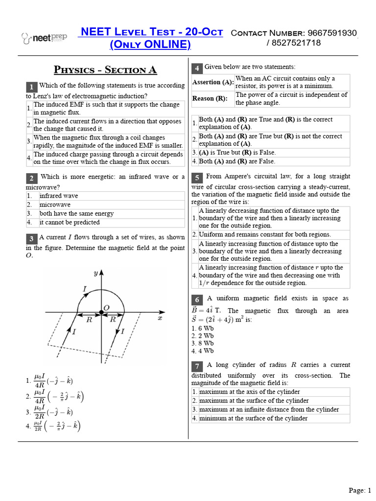 NEET Physics Test: Electromagnetism Concepts | PDF | Inductor | Inductance