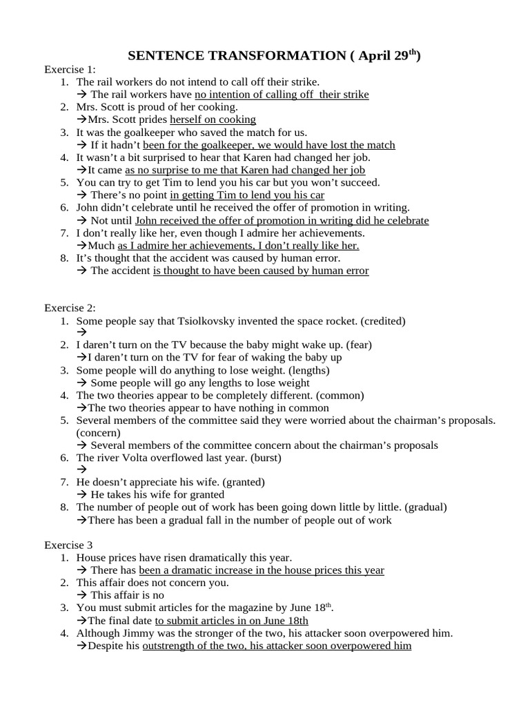 Sentence Transformation Exercises Guide | PDF
