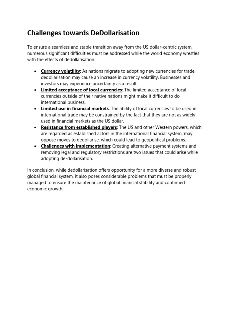 Challenges of DeDollarisation Explained | PDF