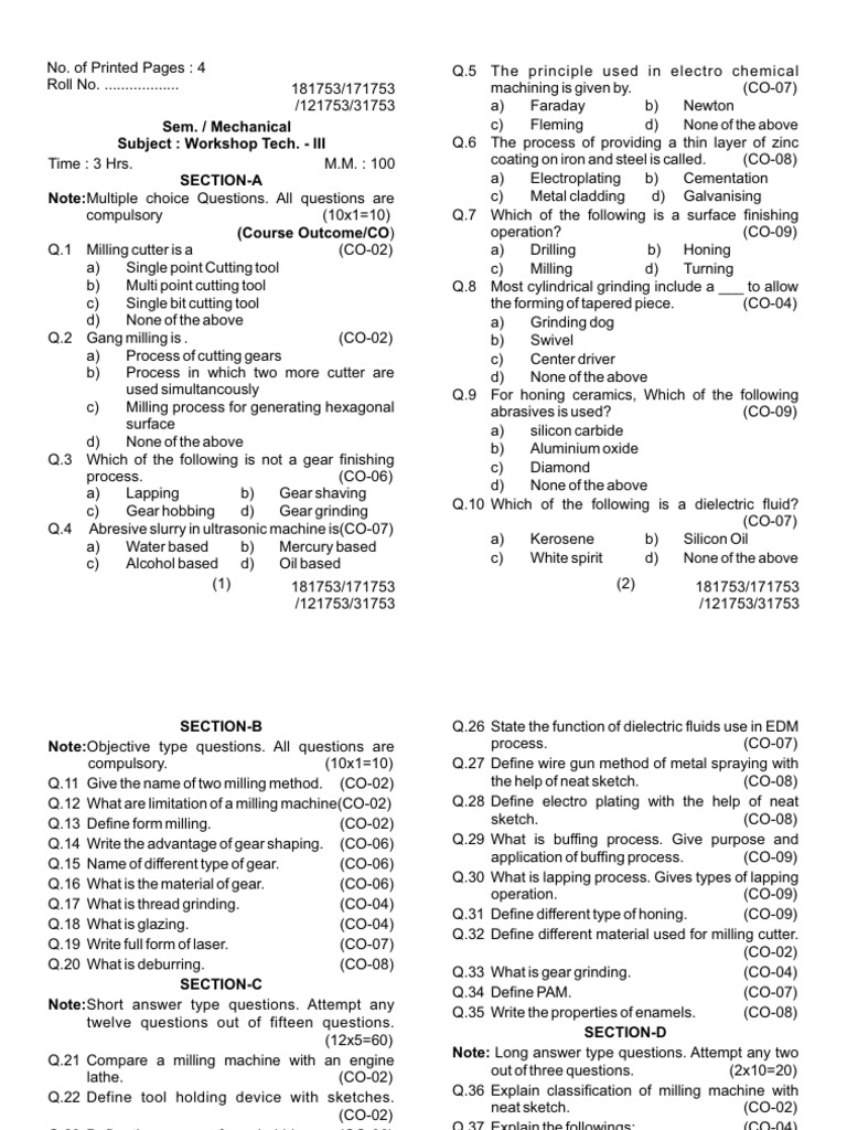 Workshop Technology Exam Questions | PDF | Grinding (Abrasive Cutting ...