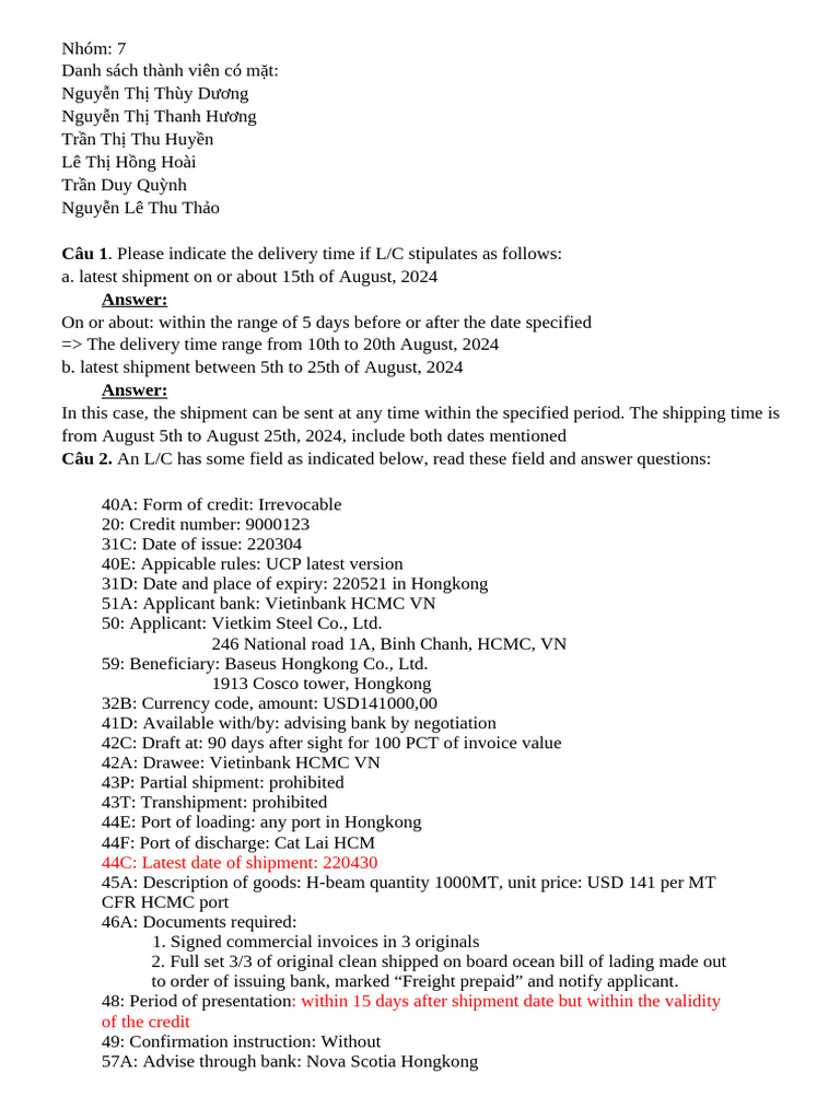 L/C Shipment and Document Analysis Guide | PDF | Bill Of Lading | Cargo