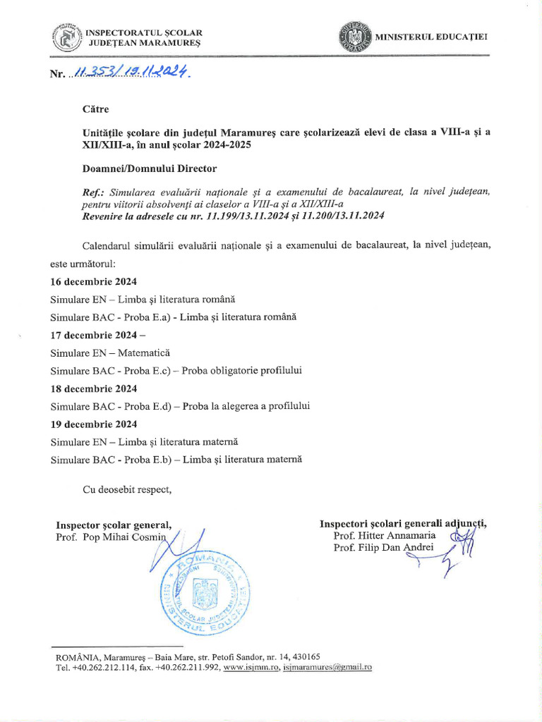 Calendar Simulare Evaluare Nationala Si Bacalaureat Adresa ISJMM