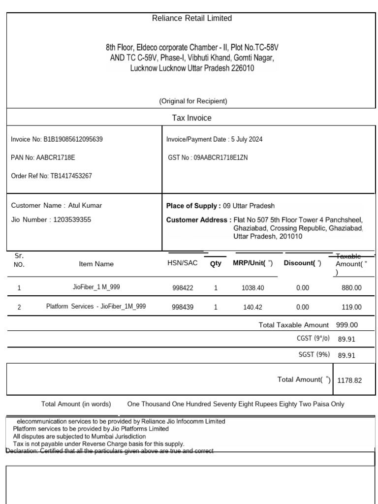 Reliance Retail Tax Invoice July 2024 | PDF