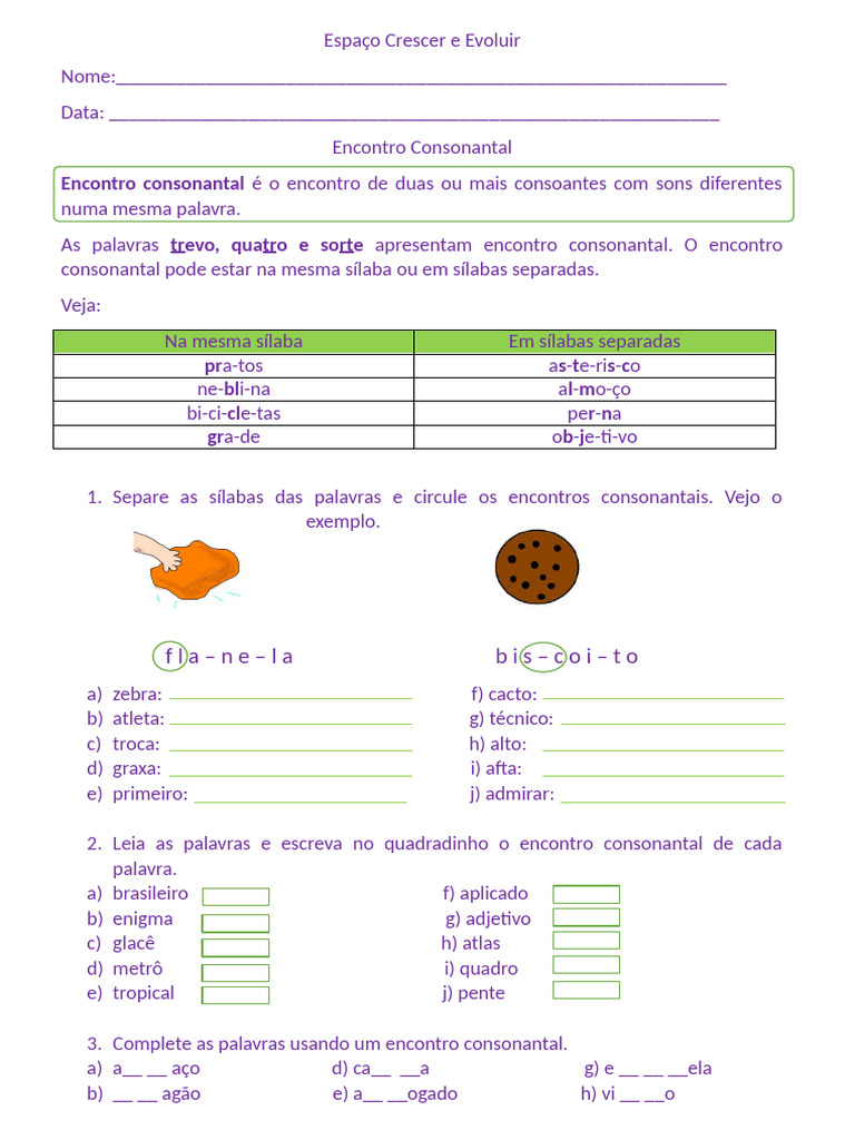 Atividades sobre Encontro Consonantal | PDF