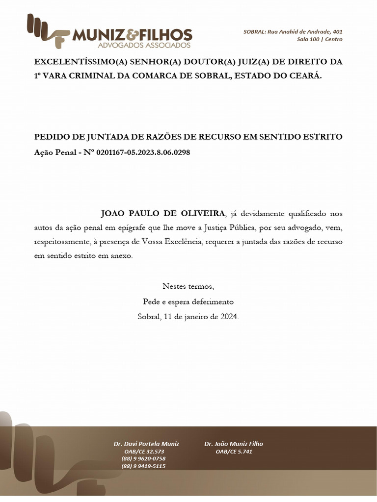 Juntada de Razões de Recurso Penal | PDF | Sentença (jurídico) | Réu