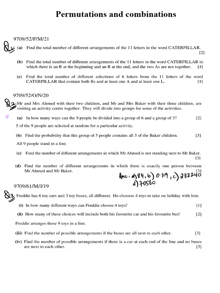 Permutations and Combinations Past Paper Worksheet | PDF