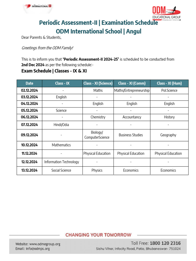 Exam Schedule for Classes IX & XI | PDF