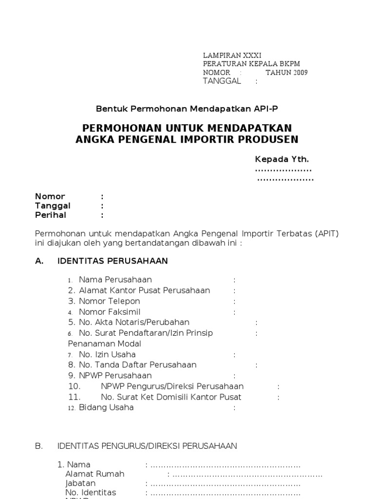 Formulir Angka Pengenal Importir Produsen (APIP) | PDF
