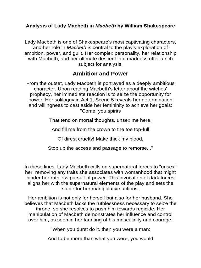 Lady Macbeth: Ambition and Madness Analysis | PDF | Macbeth | Gender