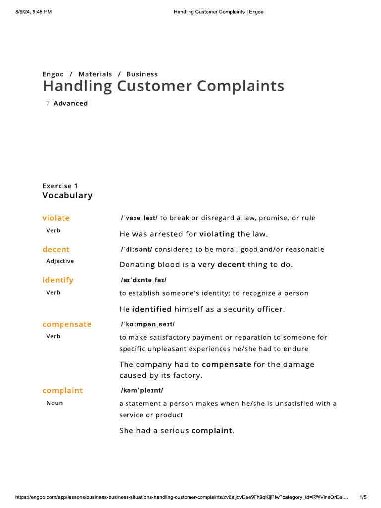 Handling Customer Complaints - Engoo | PDF